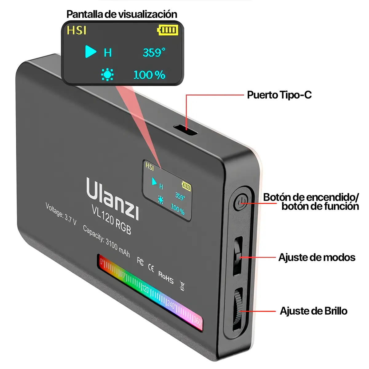 ulanzi vl120 rgb panel led tripode 120 leds compoente