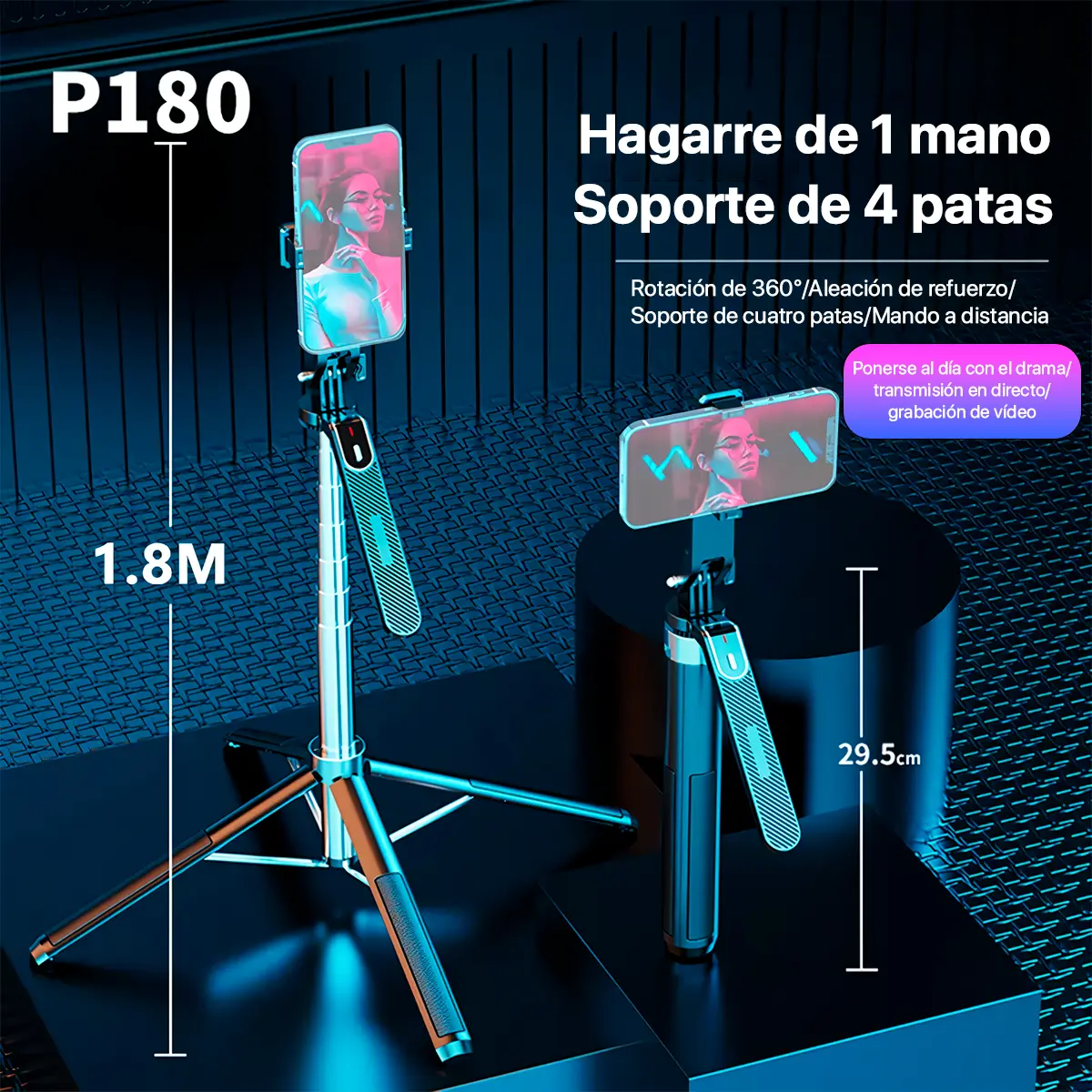 Trípode-Palo-Selfie-De-180cm-Disparador-Bluetooth-P1801-rotacion-360
