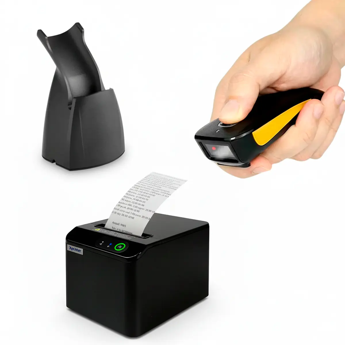 Combo completo impresora Xprinter XP-T80Q con lector Netum C750 y soporte de carga.