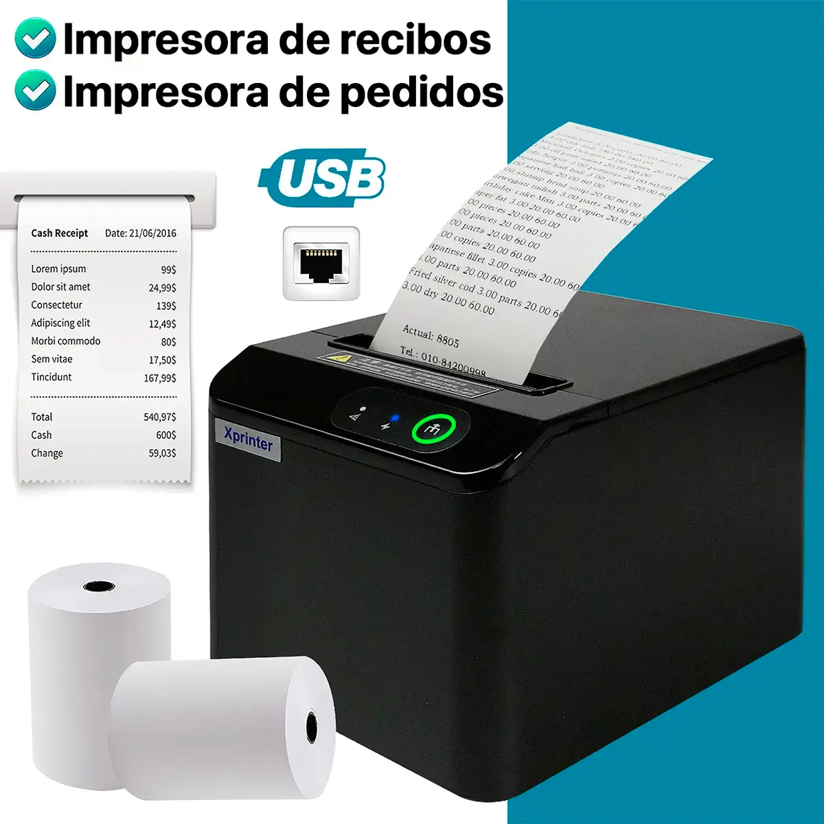 Impresora térmica Xprinter XP-T80Q ideal para impresión de recibos y pedidos.