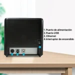 Puertos de la impresora Xprinter XP-T80Q: alimentación, USB, Ethernet y encendido.