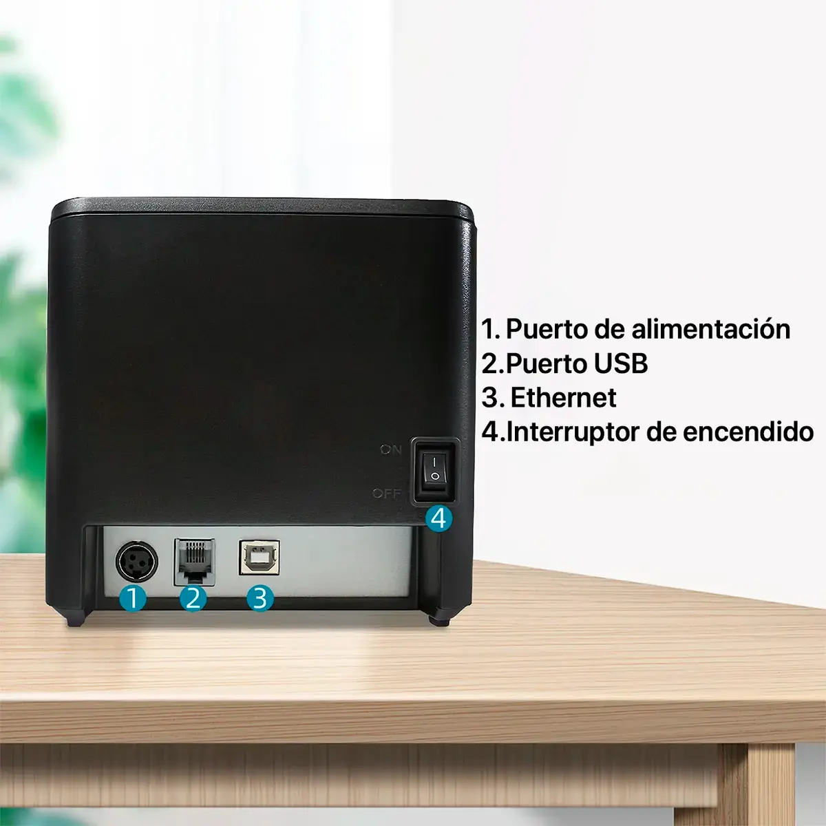 Puertos de la impresora Xprinter XP-T80Q: alimentación, USB, Ethernet y encendido.