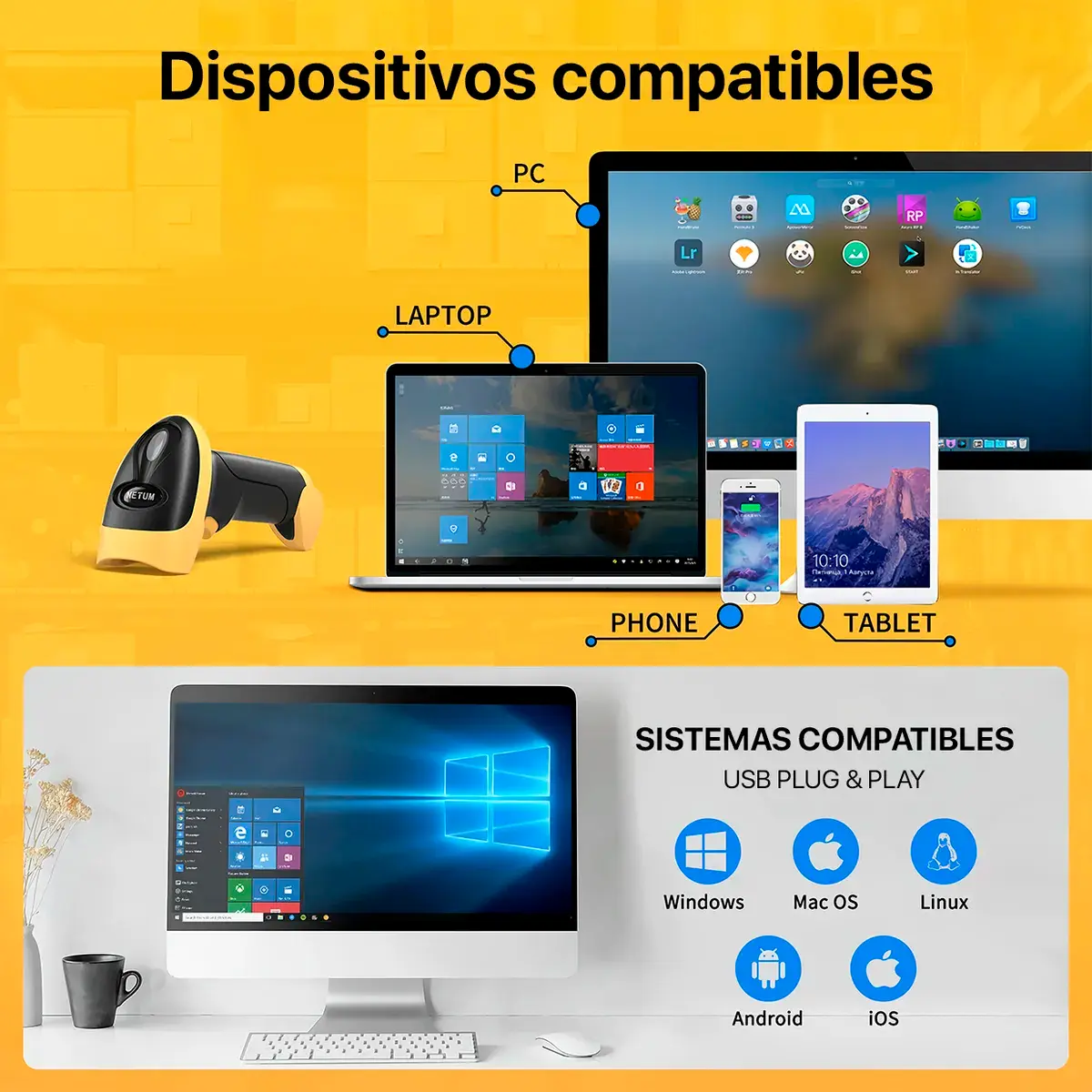 Lector Netum L8BL Pro compatible con PC, laptop, tablet y smartphone.