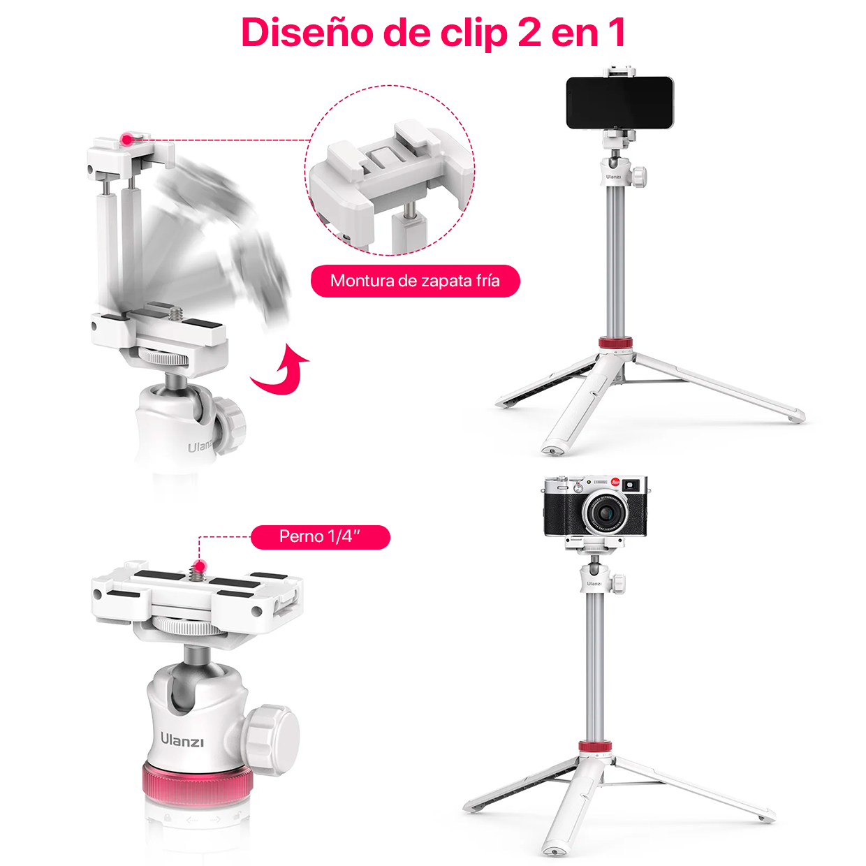 trípode palo selfie ulanzi mt-44 con diseño 2 en 1 incluye zapata fría para accesorios y con perno de 1/4 pulgada